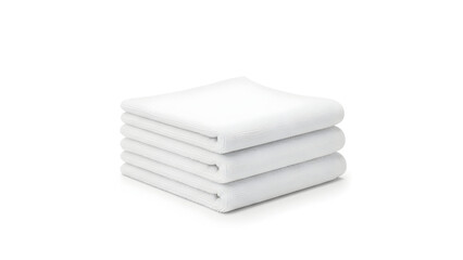 A stack of three neatly folded white fabric towels or cloths, perfect for domestic or commercial use, displayed on a clean white background