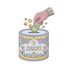 Cute Zakat Box with Hand Donating Money. Eid al-Fitr Charity Vector Art.