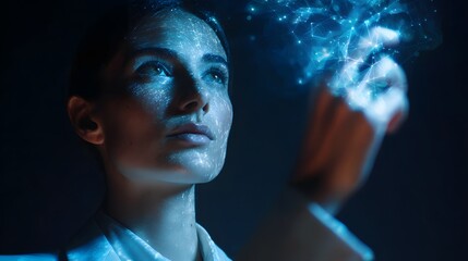 Woman Interacting with Futuristic Digital Interface in Dark Environment.
