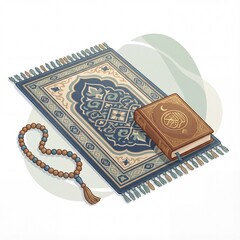 Serene Islamic Prayer Mat, Tasbih, and Quran. Eid al-Fitr Spirituality Vector Art.