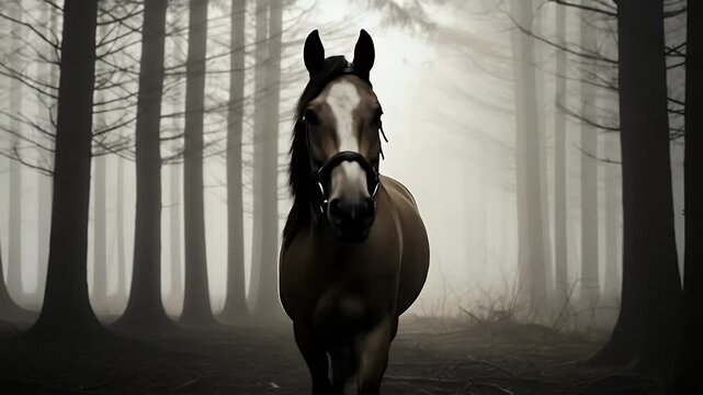 A solitary brown horse standing in a dark mysterious foggy forest with bare trees