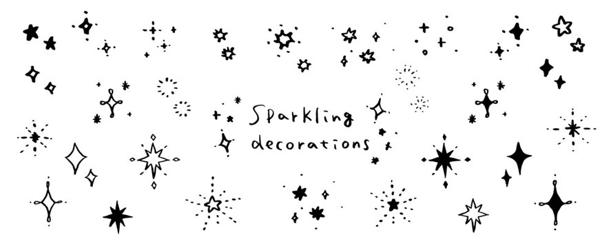 キラキラ、星の手書き素材セット。光り輝く装飾。