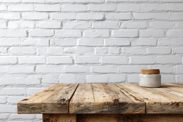 Naklejka premium Rustic wooden table with a ceramic jar, against a white brick wall