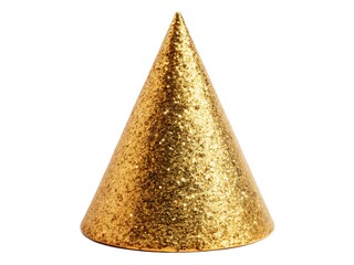 A single shimmering golden cone shaped party hat adorned with reflective glitter stands isolated on a clean white background