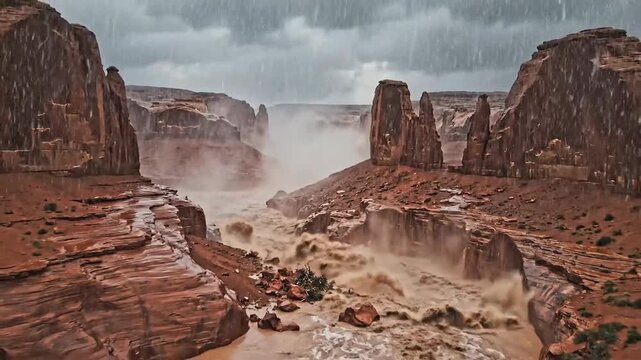 Dramatic Torrential Downpour Over The Rugged Red Rock Canyon Landscape With Turbulent Water