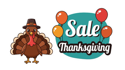 Thanksgiving Sale Cartoon Turkey with Balloons and Festive Text Illustration