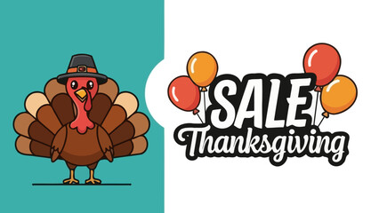 Thanksgiving Sale Announcement with Festive Turkey Character and Balloons
