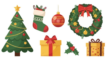 Festive Christmas Elements: Tree, Stocking, Ornament, Wreath, and Gifts Collection