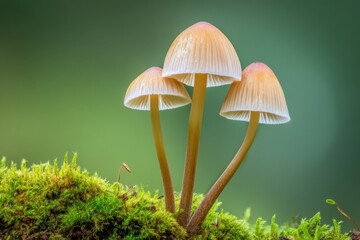 Small mushrooms growing on green moss with soft blurred background. Macro closeup of delicate fungi in natural forest environment.
