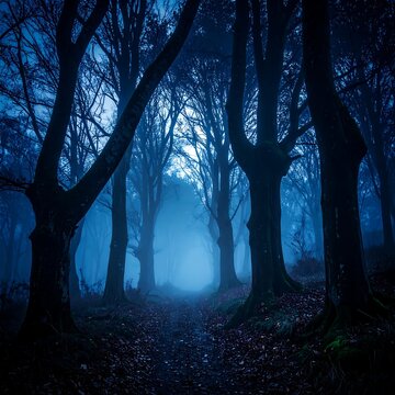 A mystical, blue-toned forest scene with a fog-laden path