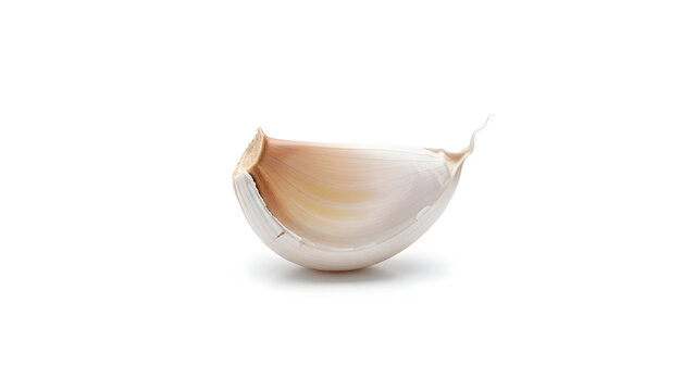 A single, fresh garlic clove captured in crisp detail, isolated on a clean white background, ready to infuse flavor and aroma into culinary creations and healthy dishes
