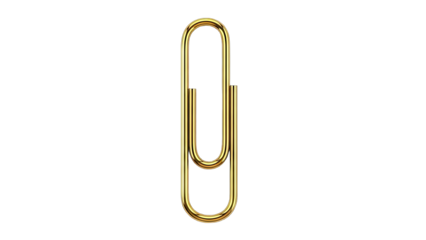 A Shiny Golden Paperclip Isolated on a Transparent Background Symbolizing Office Supplies and Organization with Subtle Reflective Highlights Creating a Clean and Professional Look