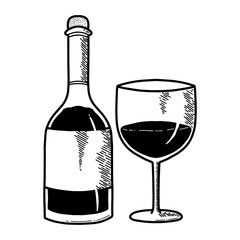 Hand drawn engraving style wine bottle and glass vector illustration. Vintage sketch element for labels, packaging and cards design isolated on white