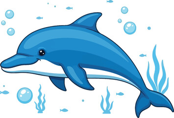 Cute cartoon dolphin swimming with bubbles and seaweed on transparent background