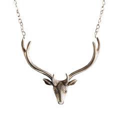 Fototapeta premium Front view of a Sami etched silver reindeer antler necklace floating in the air, studio shot, isolated on a white transparent background