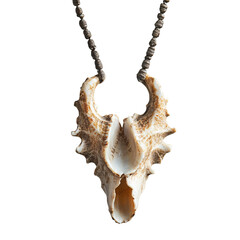 Fototapeta premium Front view of a San ostrich shell and bone necklace floating in the air, studio shot, isolated on a white transparent background
