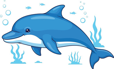 Cartoon dolphin swimming amongst bubbles and seaweed a cheerful aquatic illustration on transparent background