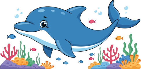 Cute cartoon dolphin swimming with coral and small fish on transparent background