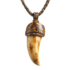 Front view of a Shuar tribal jaguar tooth necklace floating in the air, studio shot, isolated on a white transparent background