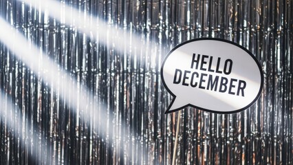 Sparkling Silver Tinsel Curtain with Spotlight and Hello December Speech Bubble.