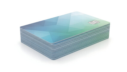 Stack of modern payment cards with a sleek, contemporary geometric design in blue and green, equipped with advanced chip technology for secure and efficient transactions