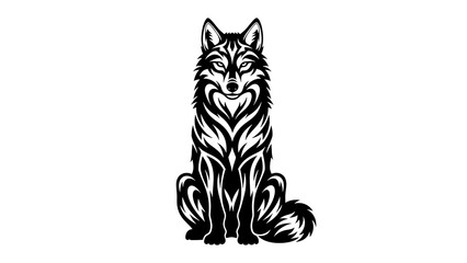 Stylized Black and White Wolf Illustration Sitting Proudly.