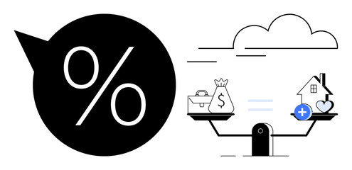 Finance concept. Finance decisions by percentage and balance scale with money, house, and health. Finance impacts wealth, investment, and personal priorities. For economics, investing strategy