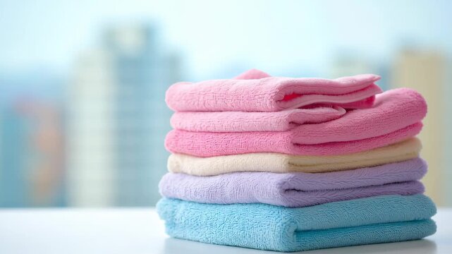 Hands in pink gloves neatly arranging a stack of colorful folded towels, showing a bright household moment focused on order and home care