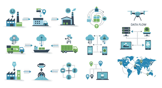 Modern technology and logistics infographic icon set showing supply chain data flow and IoT concepts. - Powered by Adobe