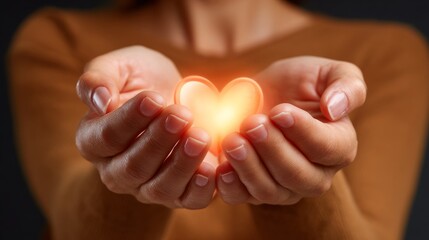 Hands cradling a glowing heart, conveying love and care