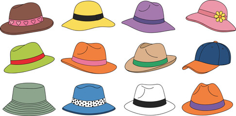 Colorful hat collection featuring fedora, sun hat, bucket hat, and cap styles, fashion accessory illustration set isolated on white background.
