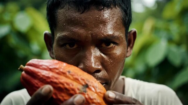 Close-up of sweaty, determined man with natural background, showing hard work and determination in the heat.