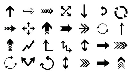 Collection of Diverse Arrow Icons and Symbols in Black and White Vector Design