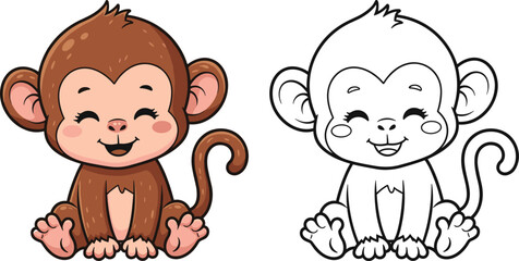 Cute cartoon monkey illustration with colored and outline versions, smiling animal character for kids coloring, education, and playful wildlife design projects.