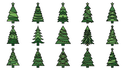 Collection of Green Stylized Christmas Trees with Decorations, Festive and Holiday Icons