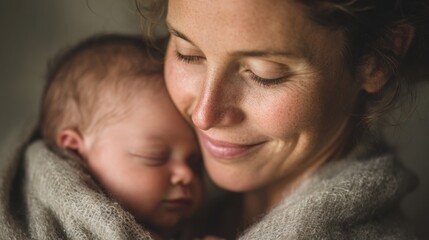 Mother's Gentle Embrace: A tender moment unfolds as a mother cradles her newborn, eyes closed in loving bliss. The image evokes the purity of love, warmth.
