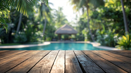 Weather-resistant table and blurred poolside cabana background