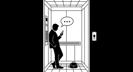 Silhouette of a businessman using his phone in an elevator with a speech bubble, depicting modern