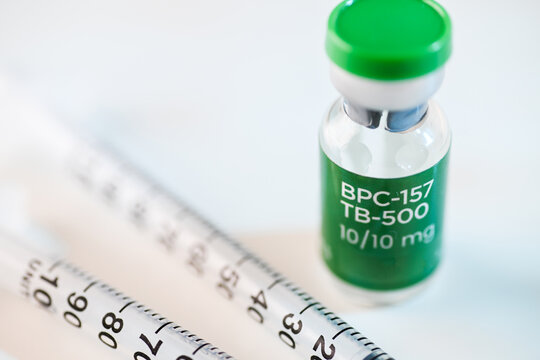 Close up of Vial with Lyophilized Peptide Blend of BPC-157 and TB-500 for Healing and Reduced Inflammation, Enhanced Tissue Repair