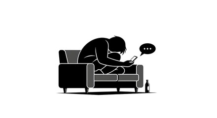 Silhouette of person on sofa, using mobile phone, showcasing loneliness and isolation in digital