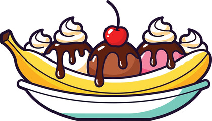 Colorful cartoon banana split with ice cream cherry and chocolate sauce on transparent background