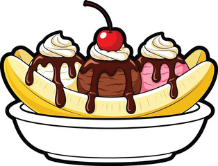 Cartoon banana split with whipped cream cherry chocolate sauce on transparent background
