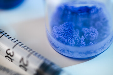 Macro Close up of Lyophilized Copper Peptide Blend in Glass Vial