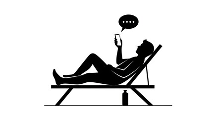 Silhouette of a man relaxing on a deck chair while using his mobile phone on vacation