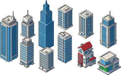 Isometric city buildings collection featuring modern skyscrapers, residential apartments, and urban architecture elements in detailed vector illustration style for design and planning projects. © VectoBloom