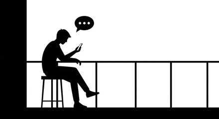 Silhouette of a man sitting using mobile phone with chat bubble on white background