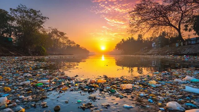 A stunning sunset reflects on a river cluttered with plastic waste