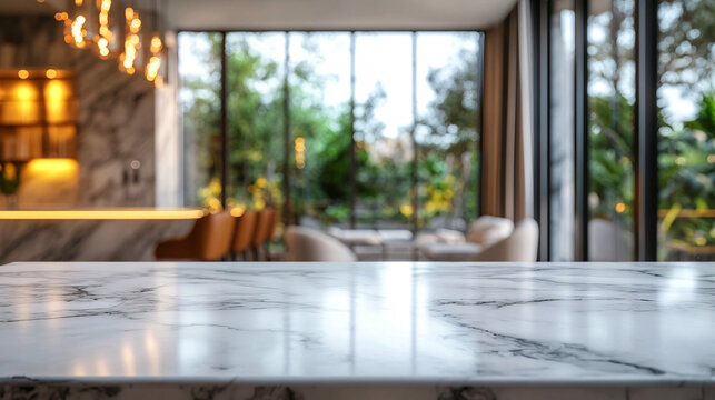 Polished marble table and blurred luxury dining room background