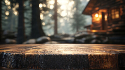 Rustic slab table and blurred forest cabin interior background