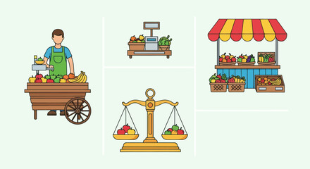 Farmers market illustration set with a male greengrocer a produce cart a market stand and a balance scale. © Kris